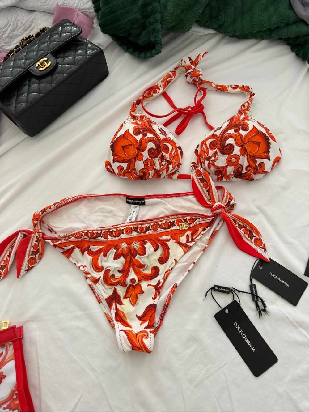 Dolce & Gabbana Majolica-print bikini
White & Orange Baroque Print Tie-Side Biki
